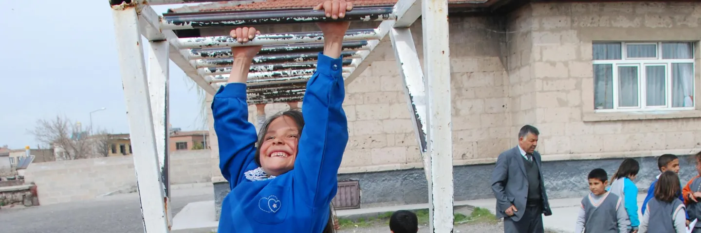 A young girl hanging from the monkey bars