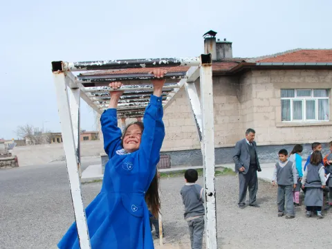 A young girl hanging from the monkey bars
